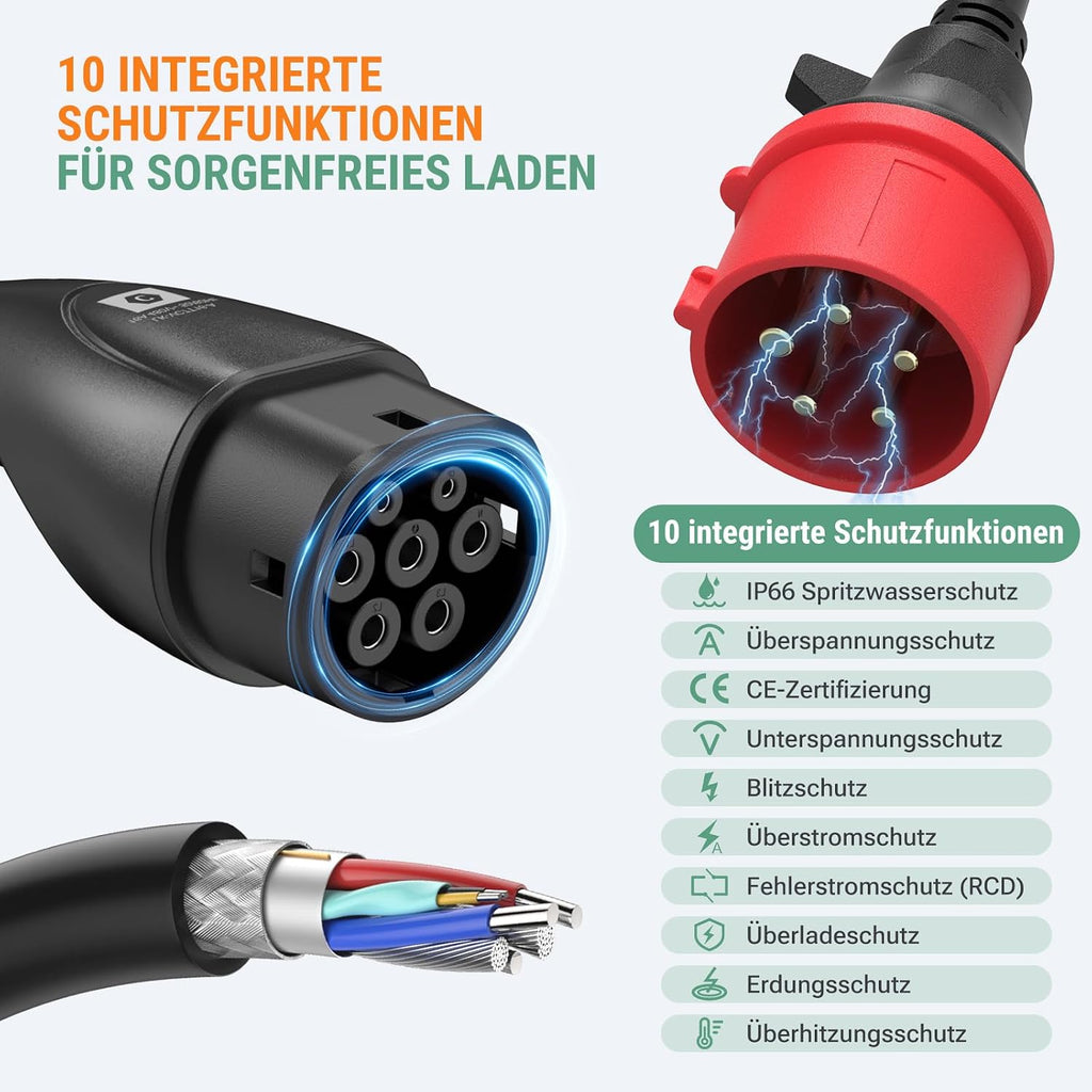 Ladestation Ladegerät 11kW 400V 3-phasig 8-16A Typ 2 7,6m Kabel CEE IP66 App Steuerung mit Wandhalterung