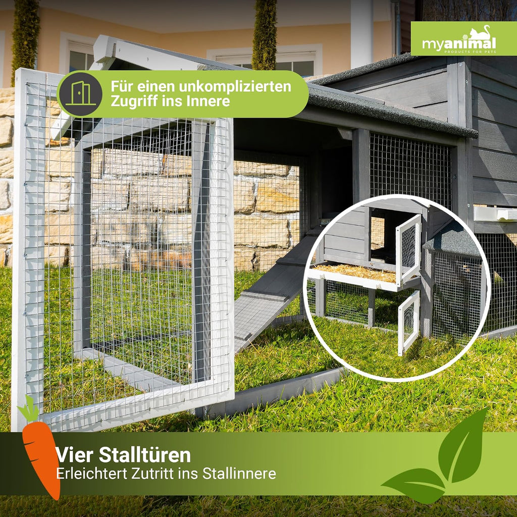 Kaninchenstall MH-03 XXL mit Freilaufgehege 226x53x85 cm aus imprägniertem Kiefernholz 2 Ebenen mit Schublade