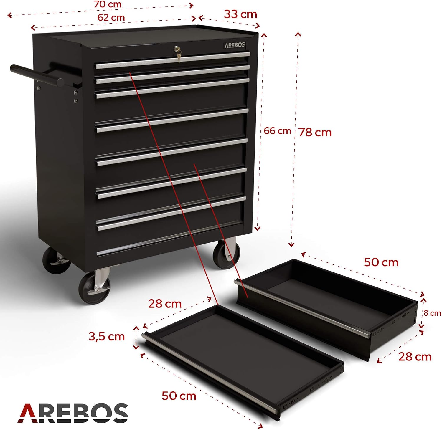 Werkstattwagen mit 7 Schubladen AR-HE-WW7S Werkzeugwagen aus Stahl 70 x 33 x 78 cm mit Zentralverriegelung und 2 Schlüsseln