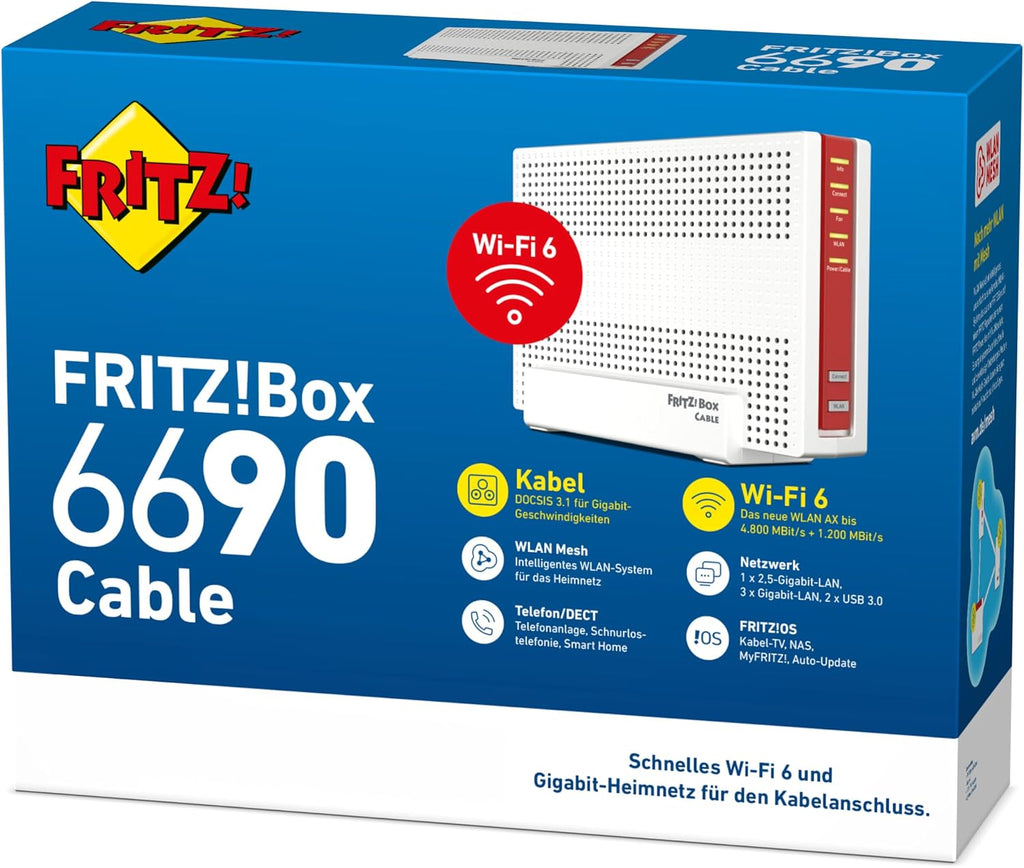 Router Kabelmodem DOCSIS 3.1 6690 Cable Wi-Fi 6 Dualband 6000 Mbit/s 2.5 Gigabit LAN USB 3.0 DECT