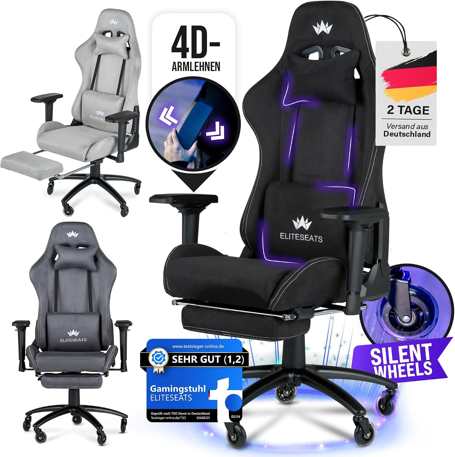Ergonomischer Gaming Stuhl mit Fußstütze 4D Armlehnen Memory Foam Stoffbezug 150 kg Belastbarkeit