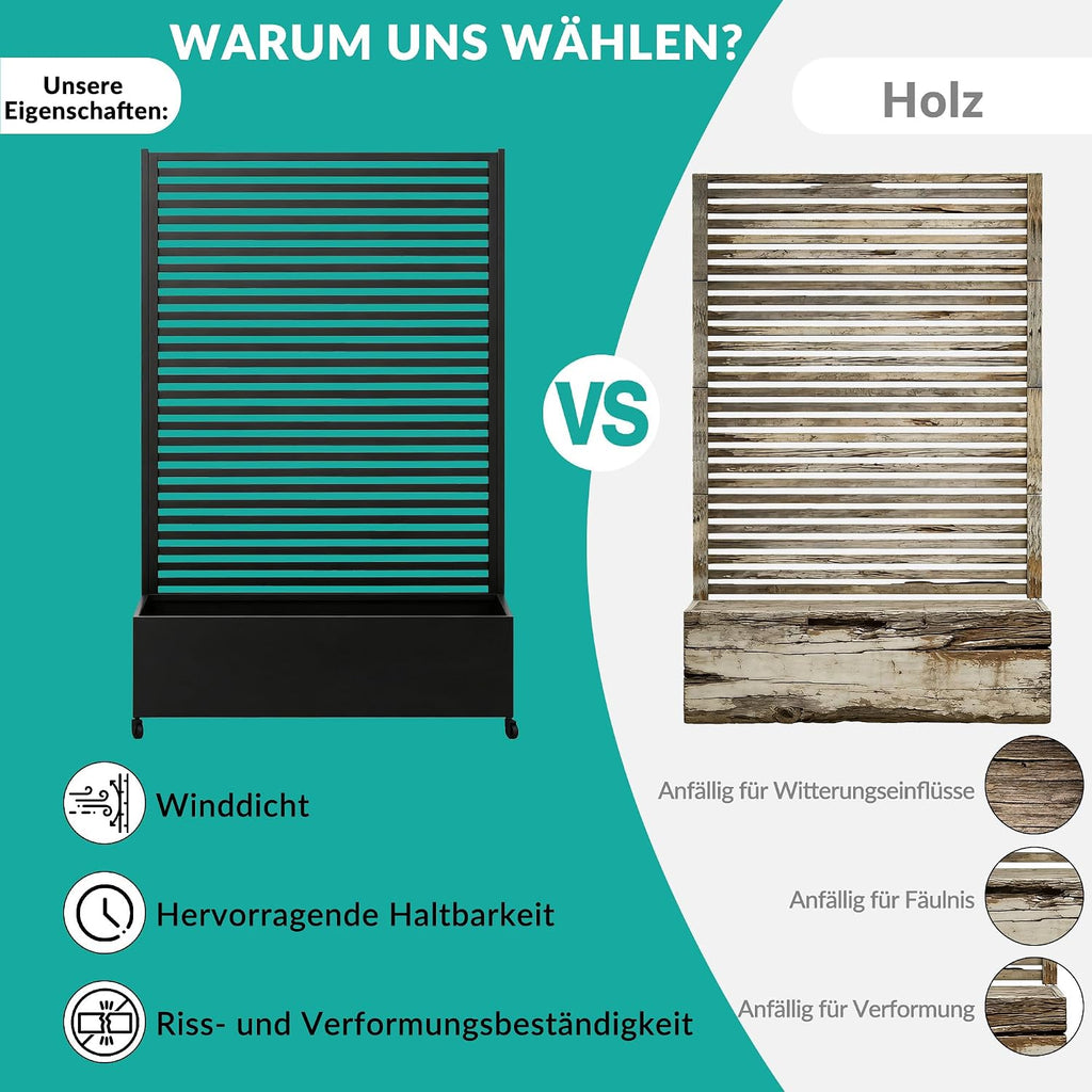 Pflanzkasten mit Spalier Metall Hochbeet auf Rollen Sichtschutz 120x40x185 cm rechteckig Garten Balkon Terrasse