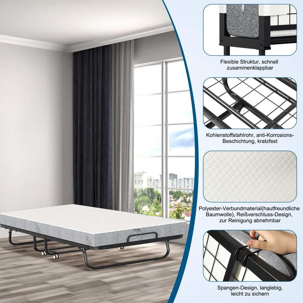 Klappbett 90x200cm Gästebett mit 13cm Schaumstoffmatratze Metallrahmen 200kg Belastbarkeit mit Rollen