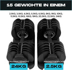 Verstellbares Kurzhantel-Set 24 kg 15 in 1 Gewichtsstufen Paar Smart Click System Anti-Rutsch Griff Gusseisen Heimtraining