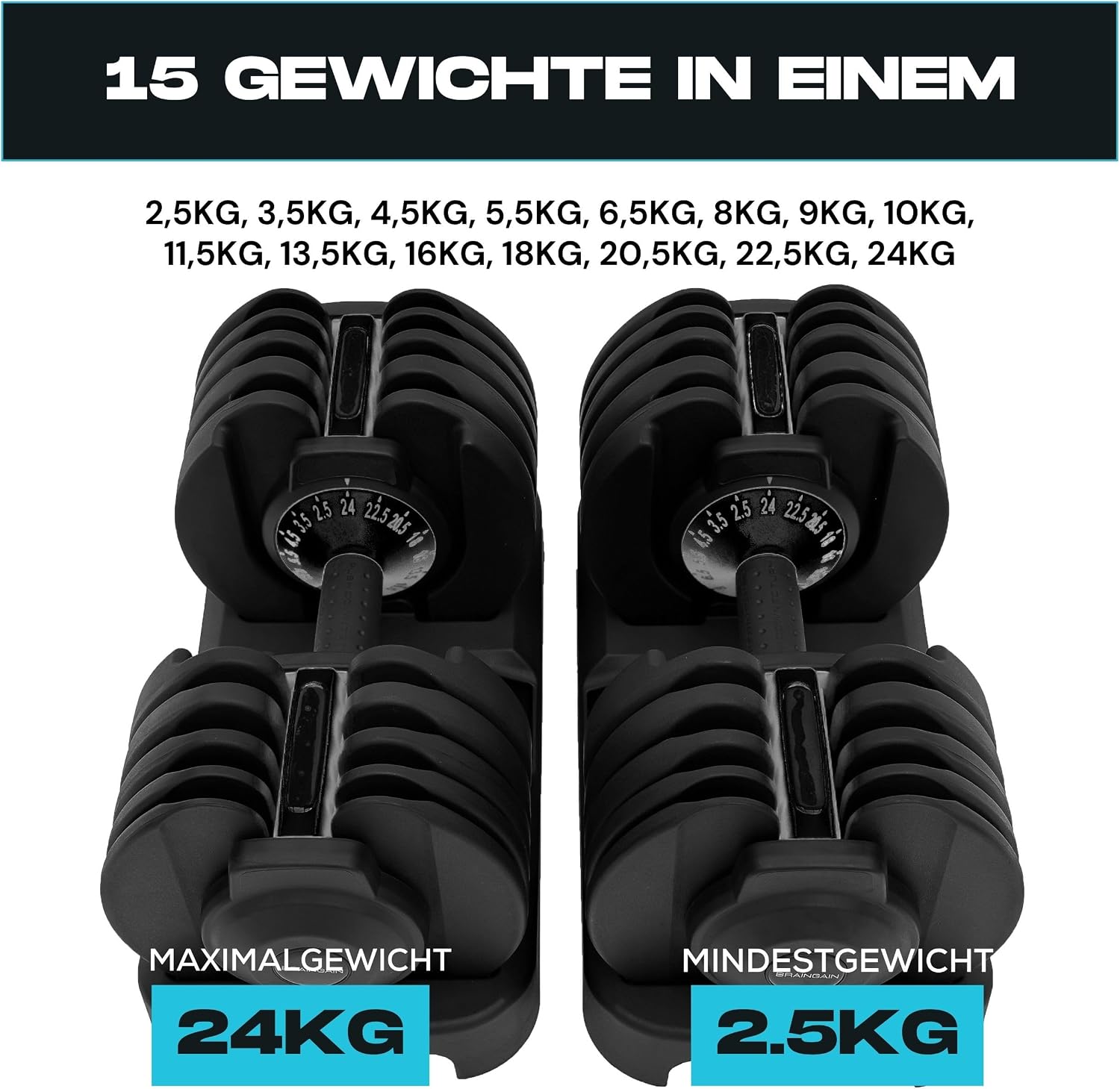 Verstellbares Kurzhantel-Set 24 kg 15 in 1 Gewichtsstufen Paar Smart Click System Anti-Rutsch Griff Gusseisen Heimtraining