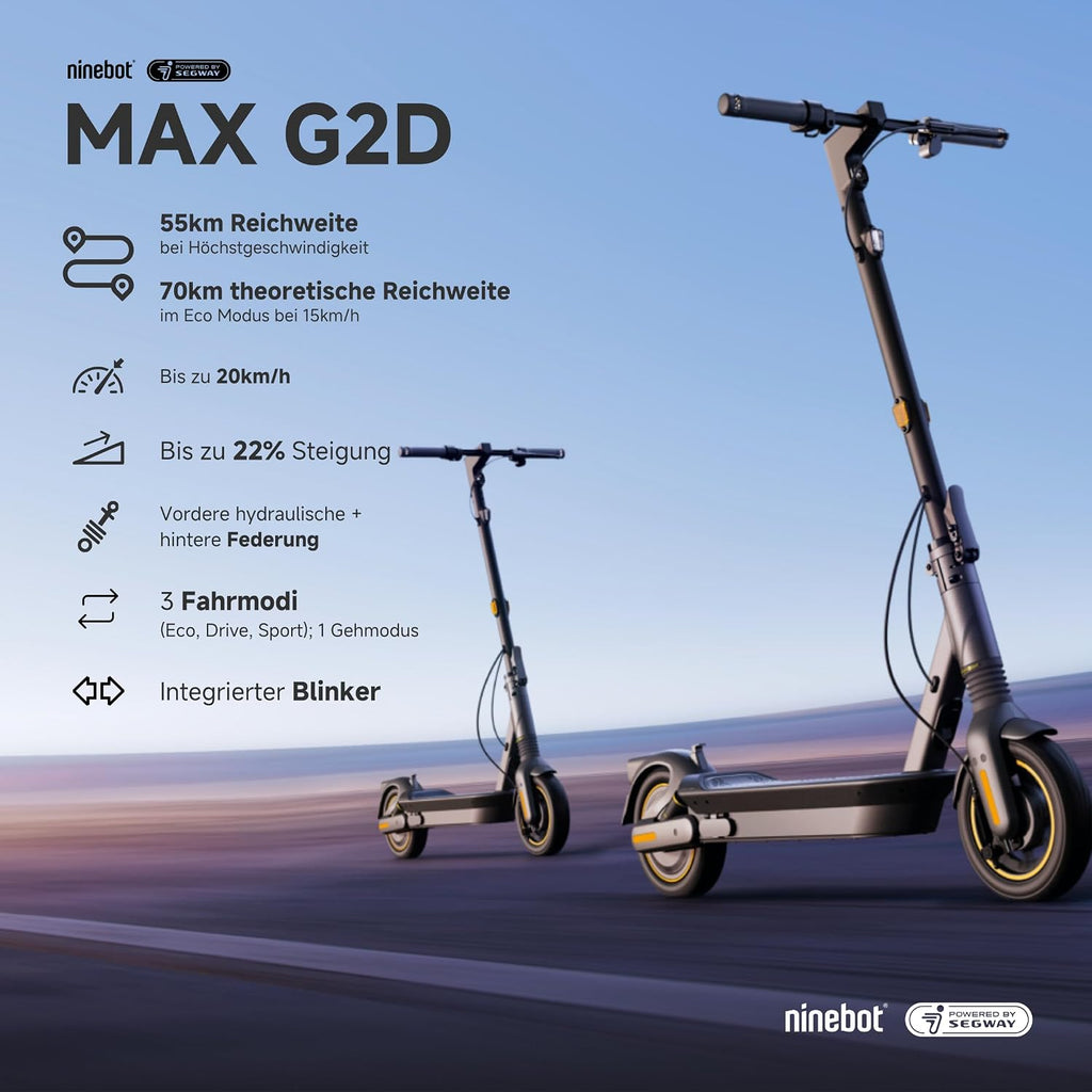E Scooter Straßenzulassung MAX G2 D 20 km/h 70 km Reichweite Vollfederung 10 Zoll bis 120 kg EU Modell