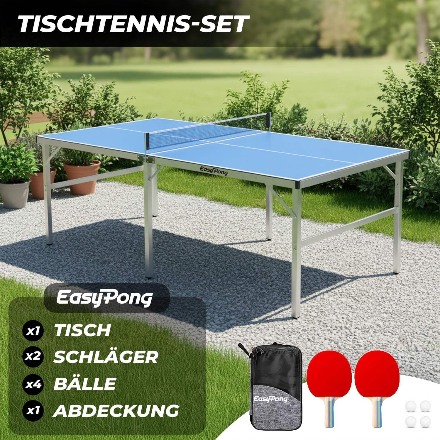 Tischtennisplatte EASYPONG klappbar 182x91 cm mit 2 Schlägern und 4 Bällen für Indoor Nutzung