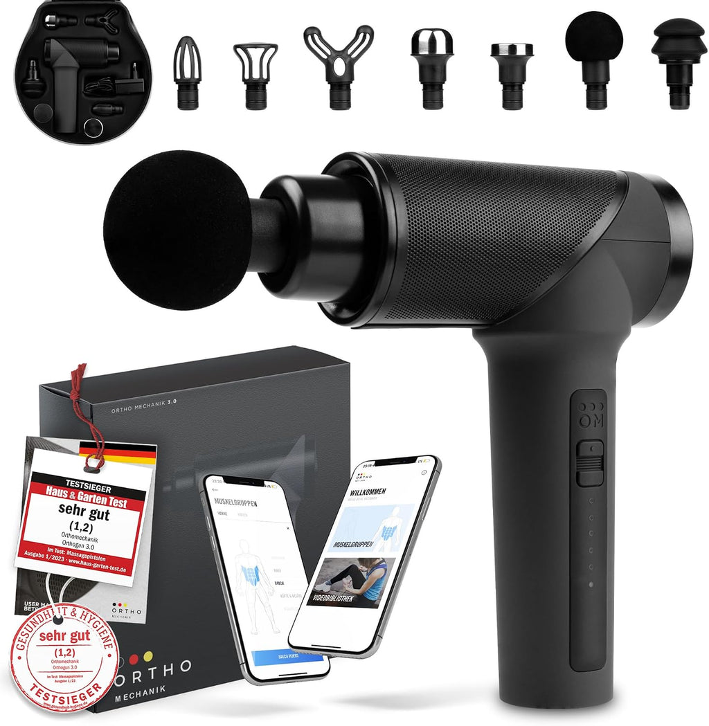 Massagepistole OrthoGun 160W mit App 5 Intensitäten 7 Massageaufsätze Tragetasche Akku Laufzeit bis 360 Min