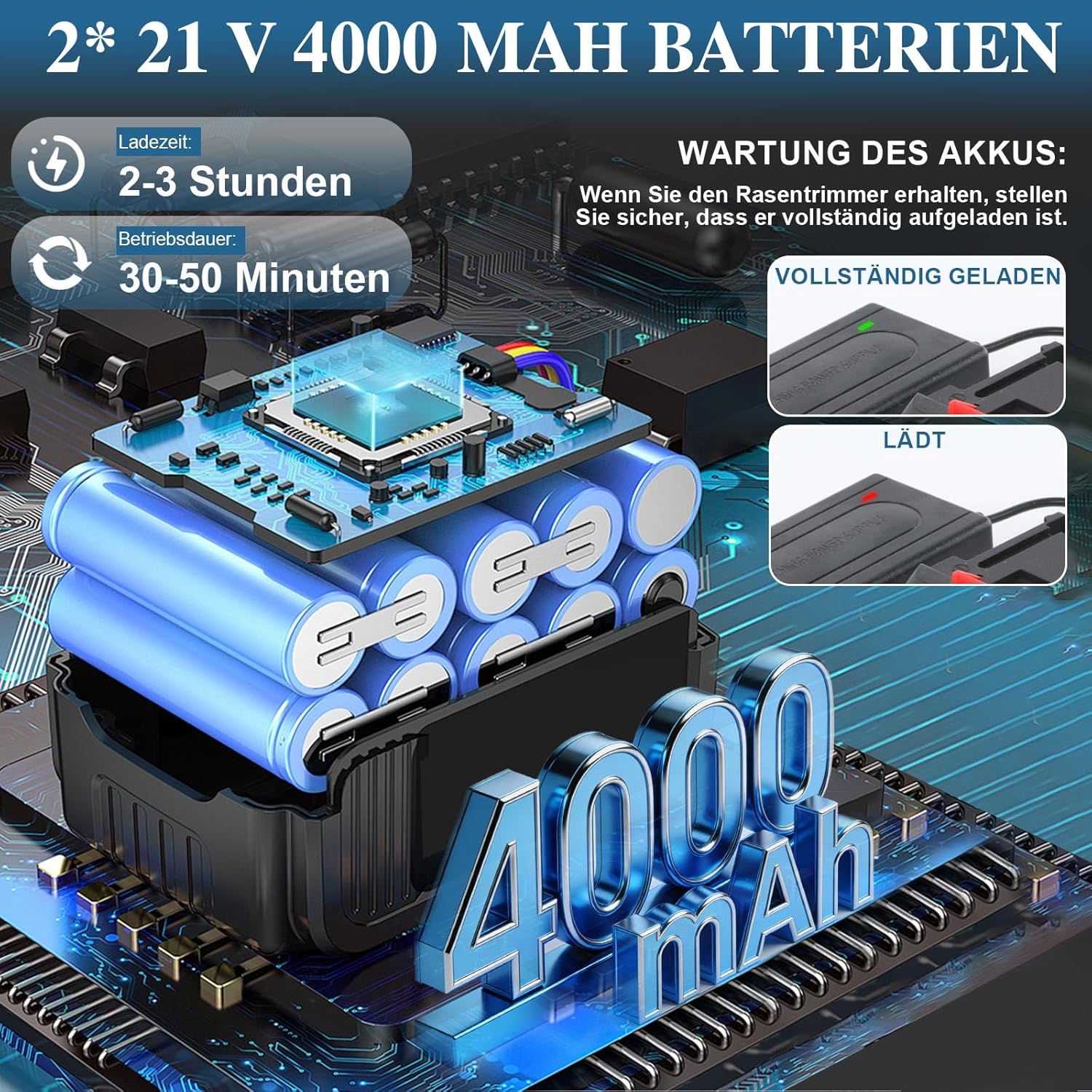 Akku Rasentrimmer HY-13 21V mit bürstenlosem Motor 23 cm Schnittbreite 5 Schneidaufsätze 2 x 4,0Ah Akku Unkrautbürste