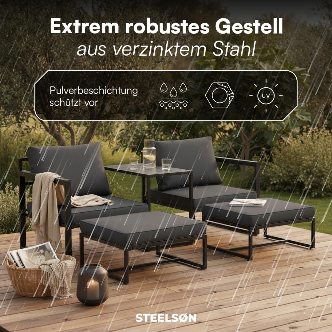 5-teiliges Gartenmöbel Set Asteri Sitzgruppe für 2-4 Personen 2 Sessel 2 Hocker 1 Tisch Metallgestell wetterfest mit Sitzpolstern