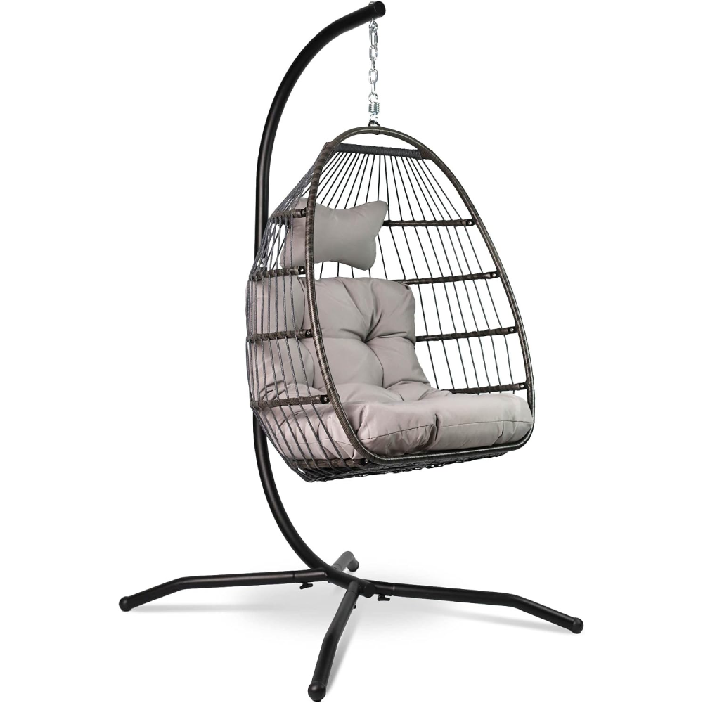 Hängesessel mit Gestell Korb Egg Schaukelstuhl Rattan Design Outdoor Indoor 150 kg Tragkraft Grau