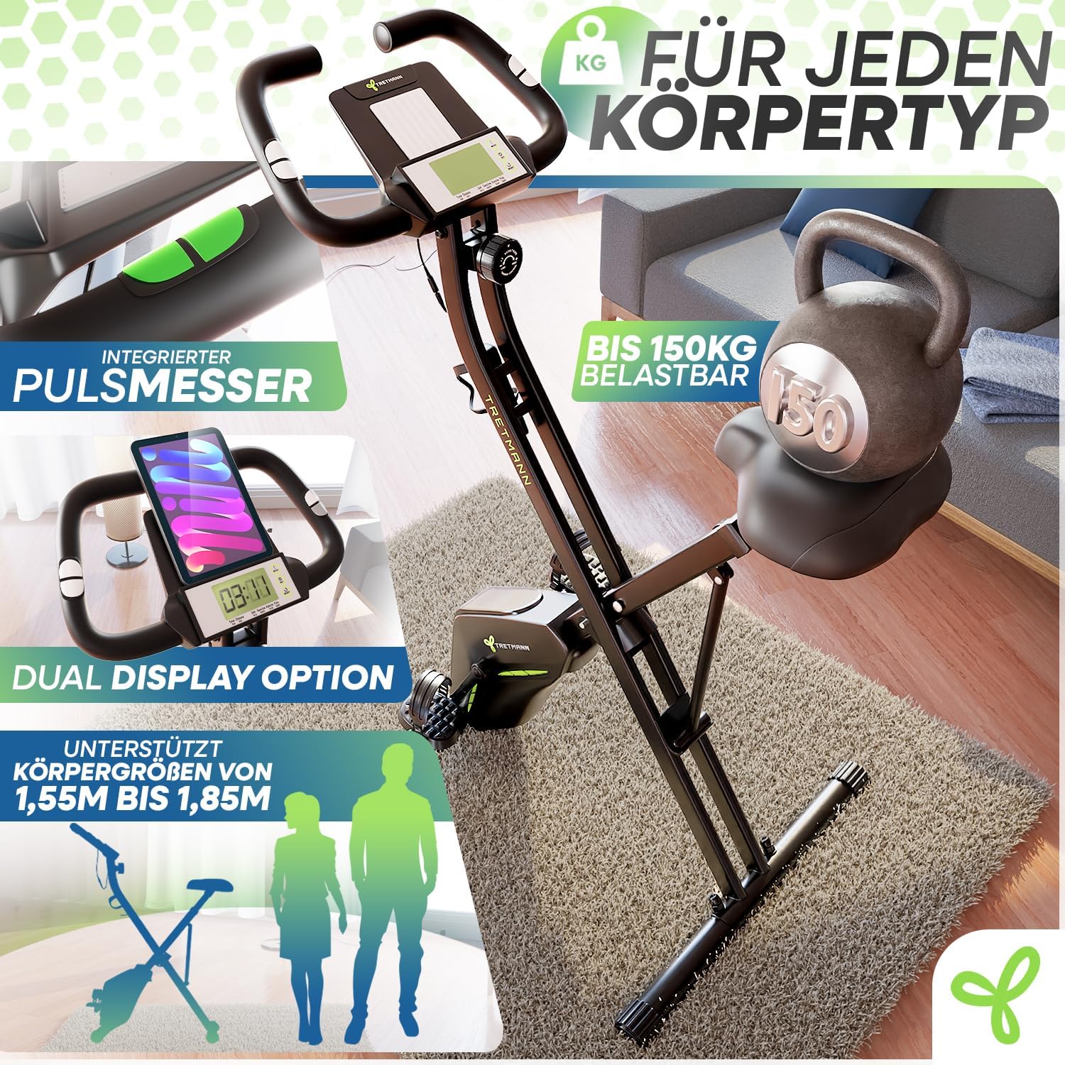 Klappbarer Heimtrainer Magnetischer Ergometer Tretmann Home bis 150 kg mit 16 Widerstandsstufen und RelaxFoam Sitz