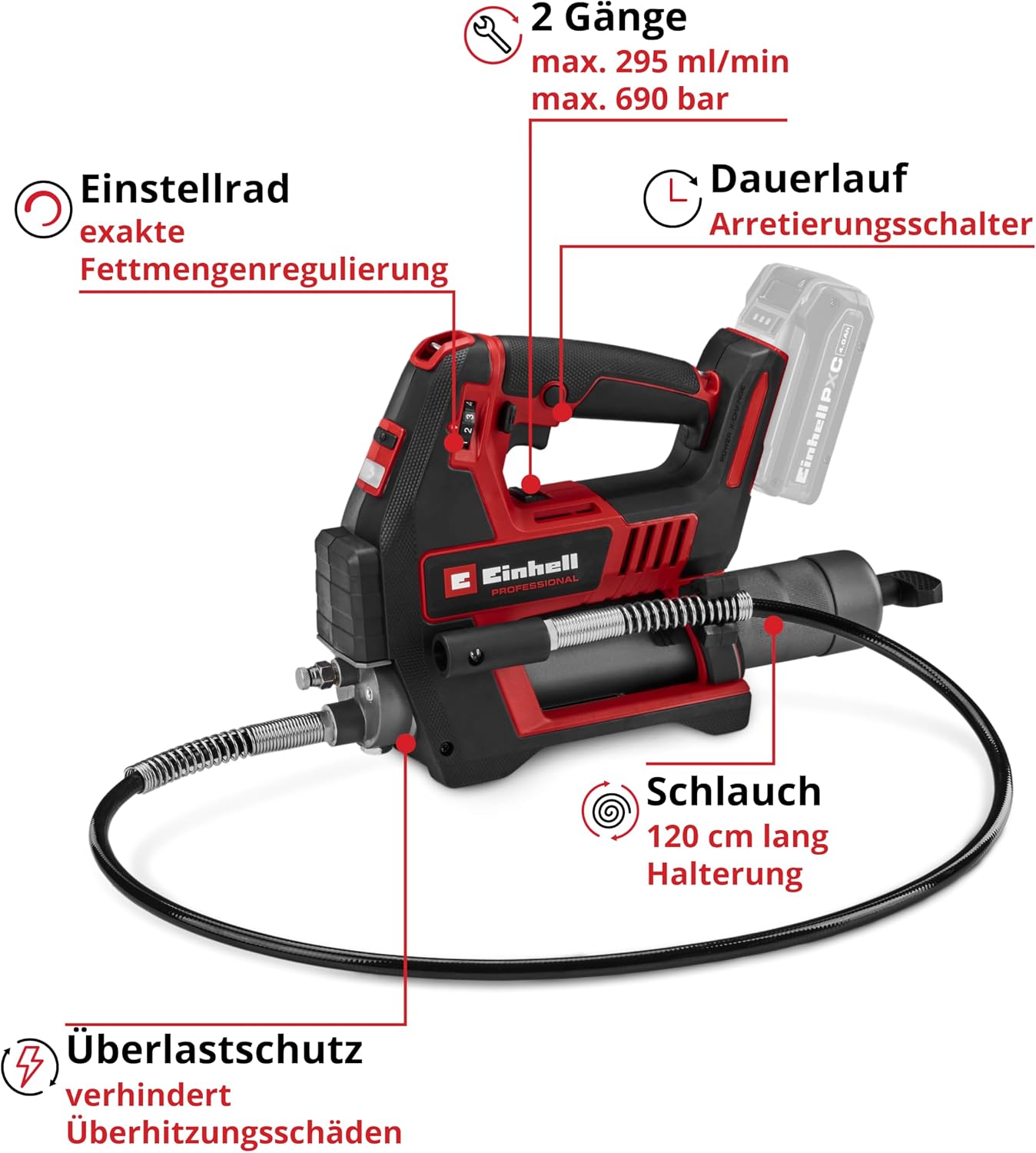 Akku Fettpresse TP-GR 18/690 Li 18V 690 bar 295 ml/min 2-Gang Fettmengenregulierung Power X-Change ohne Akku