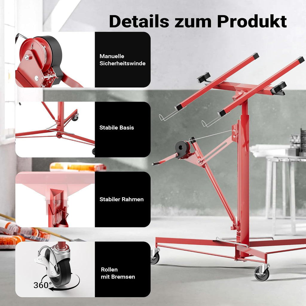 Plattenheber XXL 50790 Trockenbau Plattenlift 68 kg Arbeitshöhe 140-350 cm 1-Mann Montagehilfe 3 Rollen Feststellbremse