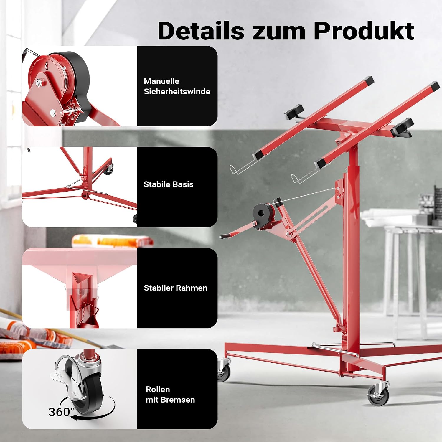 Plattenheber XXL 50790 Trockenbau Plattenlift 68 kg Arbeitshöhe 140-350 cm 1-Mann Montagehilfe 3 Rollen Feststellbremse