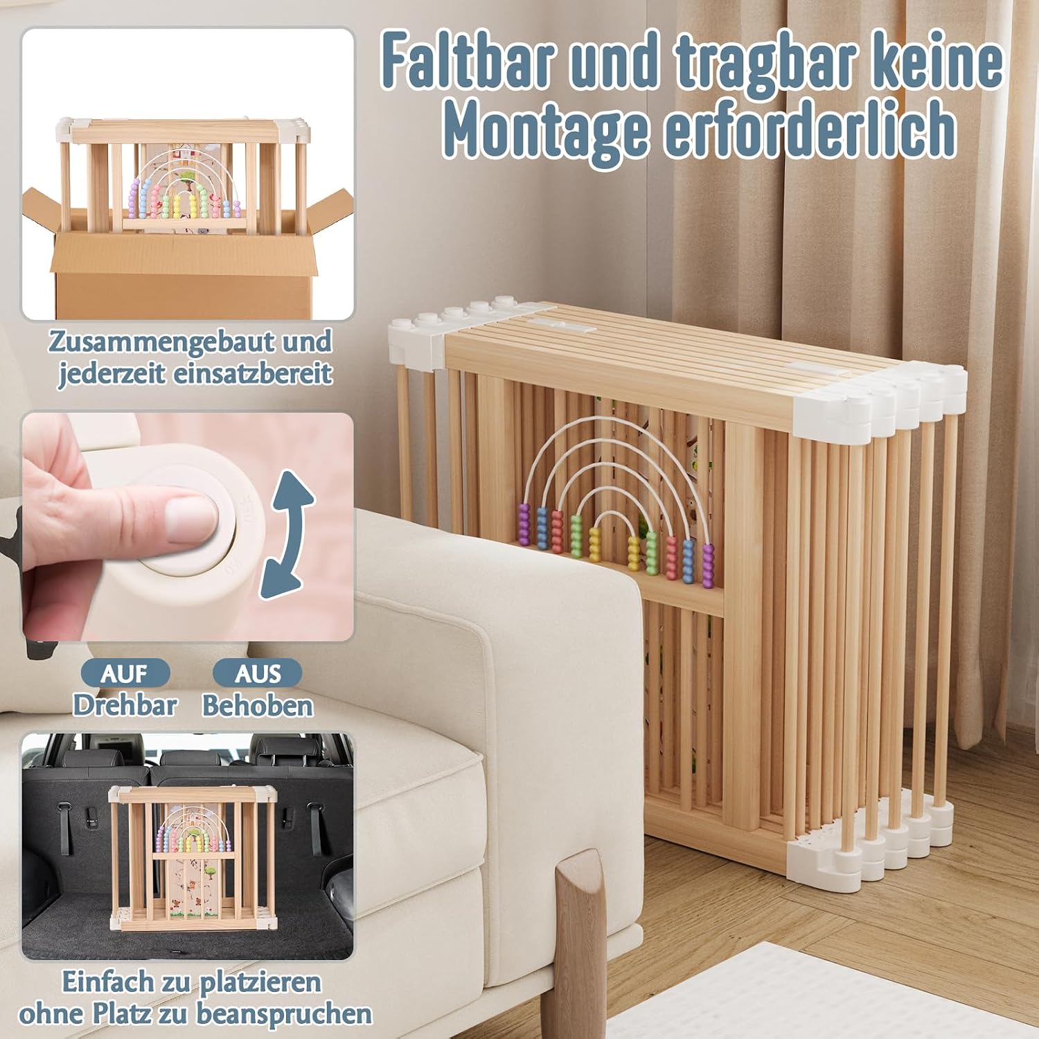 Baby Laufstall faltbares Holz Laufgitter 214 x 141 x 61 cm Spiel- und Sicherheitsbereich für Kleinkinder