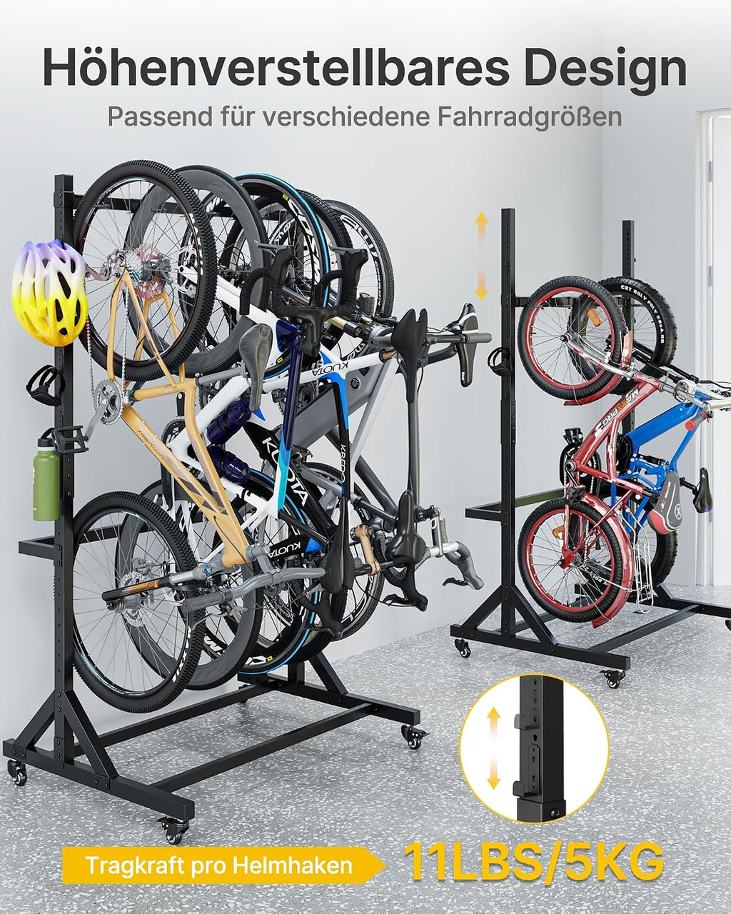 Fahrradständer freistehend für 5 Fahrräder vertikaler Fahrradhalter mit 5 Haken 6 Helmhaken Stahlkonstruktion 160 kg Traglast