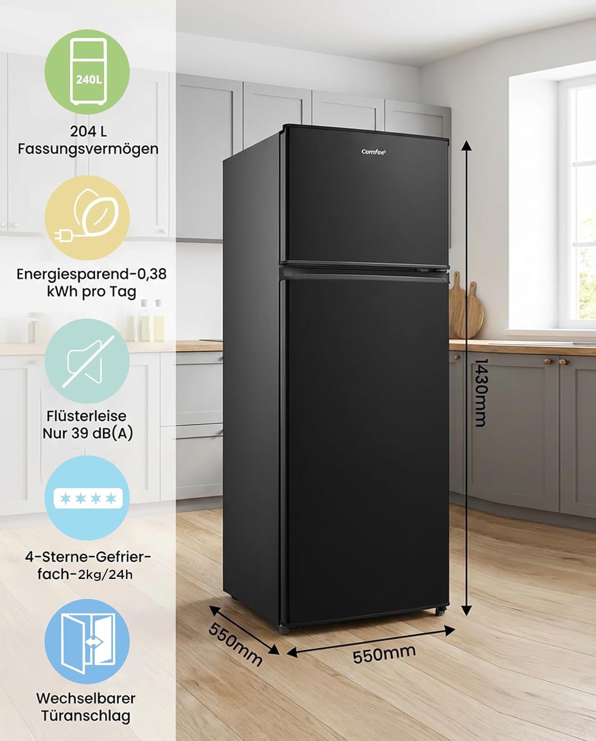 Kühl-Gefrierkombination RCT210DK3 204L 143 cm Höhe Low Frost LED Licht 39 dB freistehend mit Gefrierfach unten