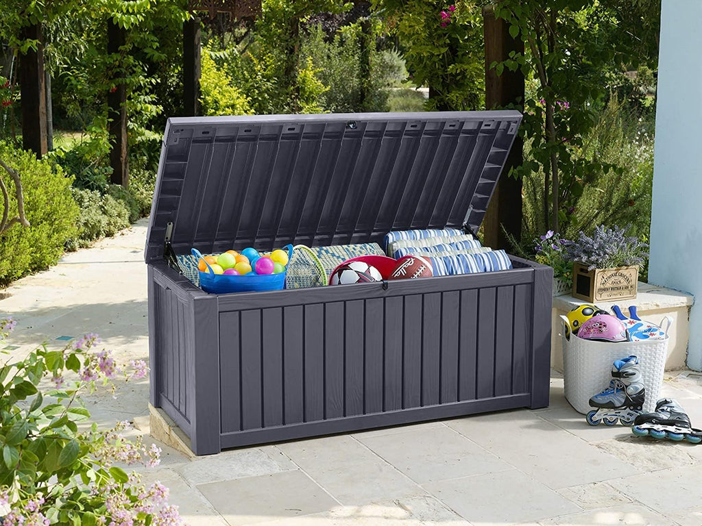 Garten Aufbewahrungsbox 570 Liter Kissenbox mit Belüftung Holzoptik wetterfest mit Gasdruckfeder