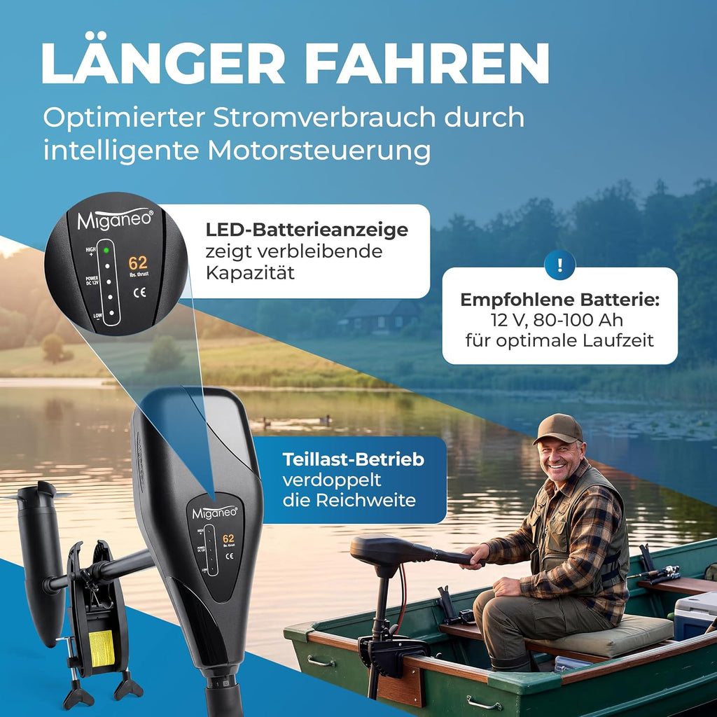 Elektro Außenborder 62 lbs 12V 696 W Modell 62 mit LED Batterieanzeige 5 Vorwärtsgänge 3 Rückwärtsgänge
