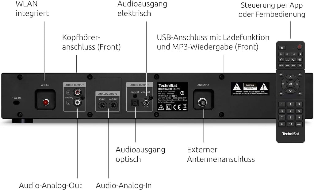 HiFi Tuner DIGITRADIO 143 V3 DAB+ Internetradio mit Bluetooth Spotify Connect WLAN und Fernbedienung 43,5 cm