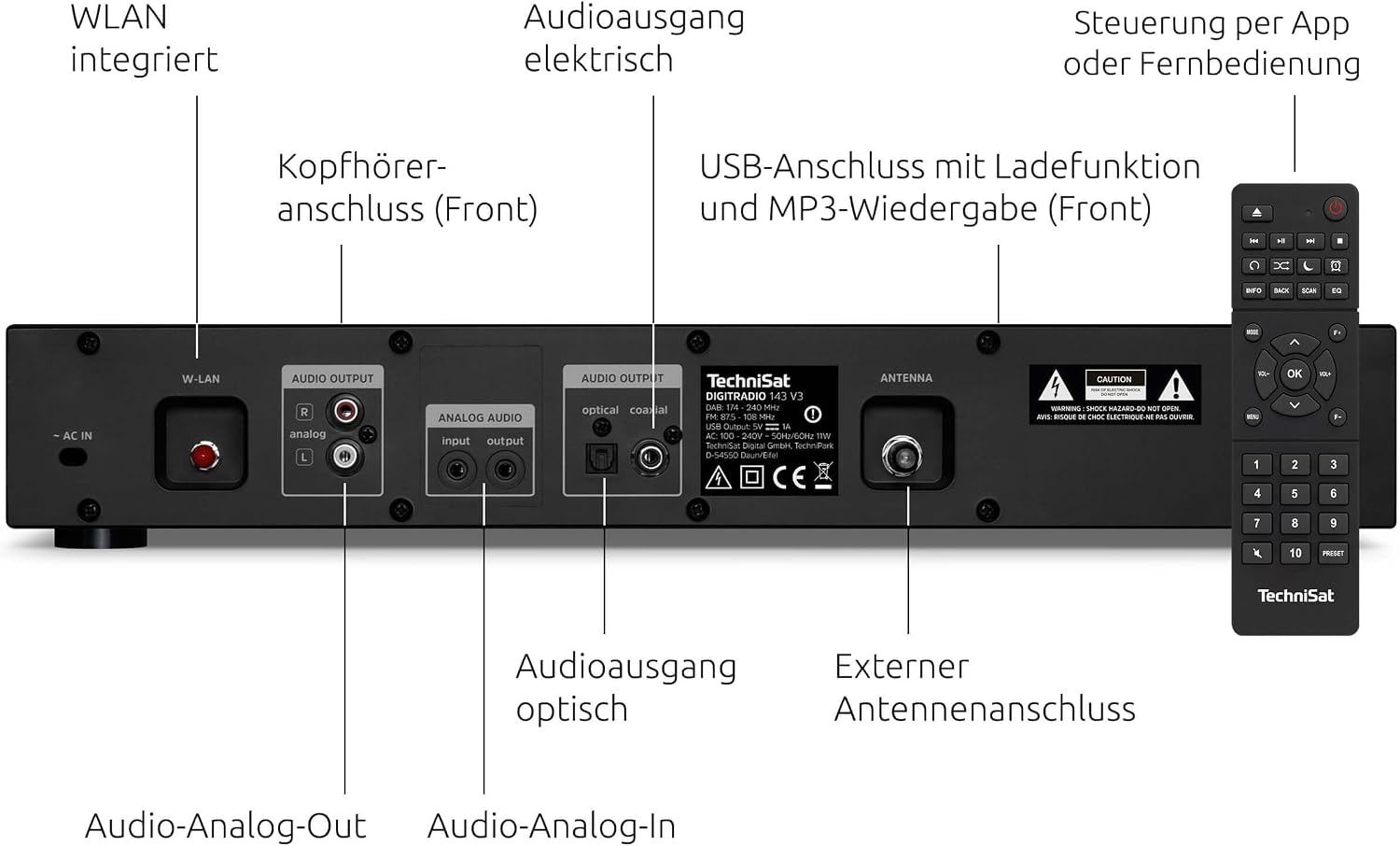 HiFi Tuner DIGITRADIO 143 V3 DAB+ Internetradio mit Bluetooth Spotify Connect WLAN und Fernbedienung 43,5 cm