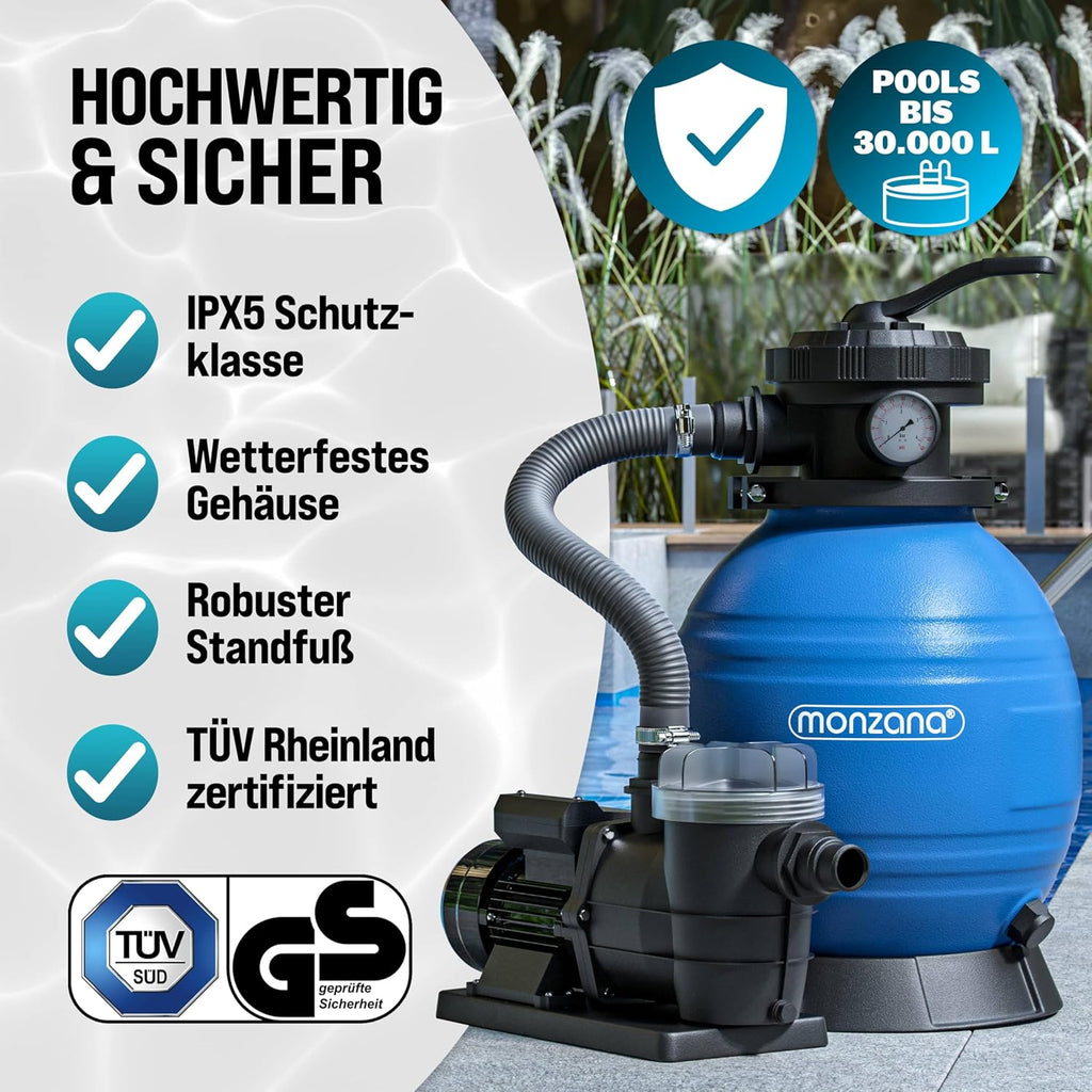 Sandfilteranlage SF96K 9600 l/h 400 W bis 30000 L Pool 7-Wege Ventil selbstansaugend Ø32-38 mm Adapter Poolfilterpumpe