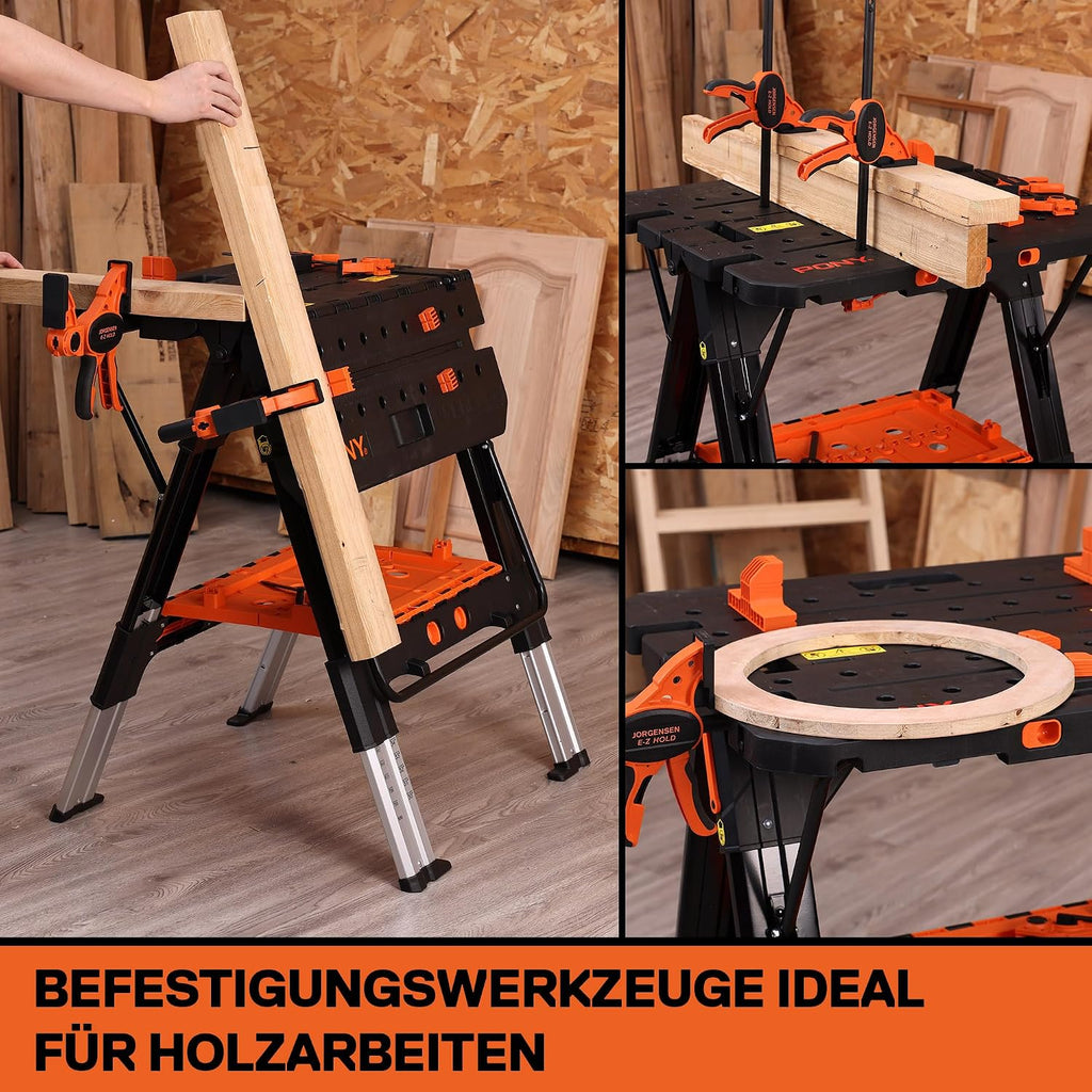Klappbare Werkbank 2in1 Sägebock 454kg Tragfähigkeit Aluminiumbeine verstellbar 79x63,5x89cm inkl Schraubzwingen