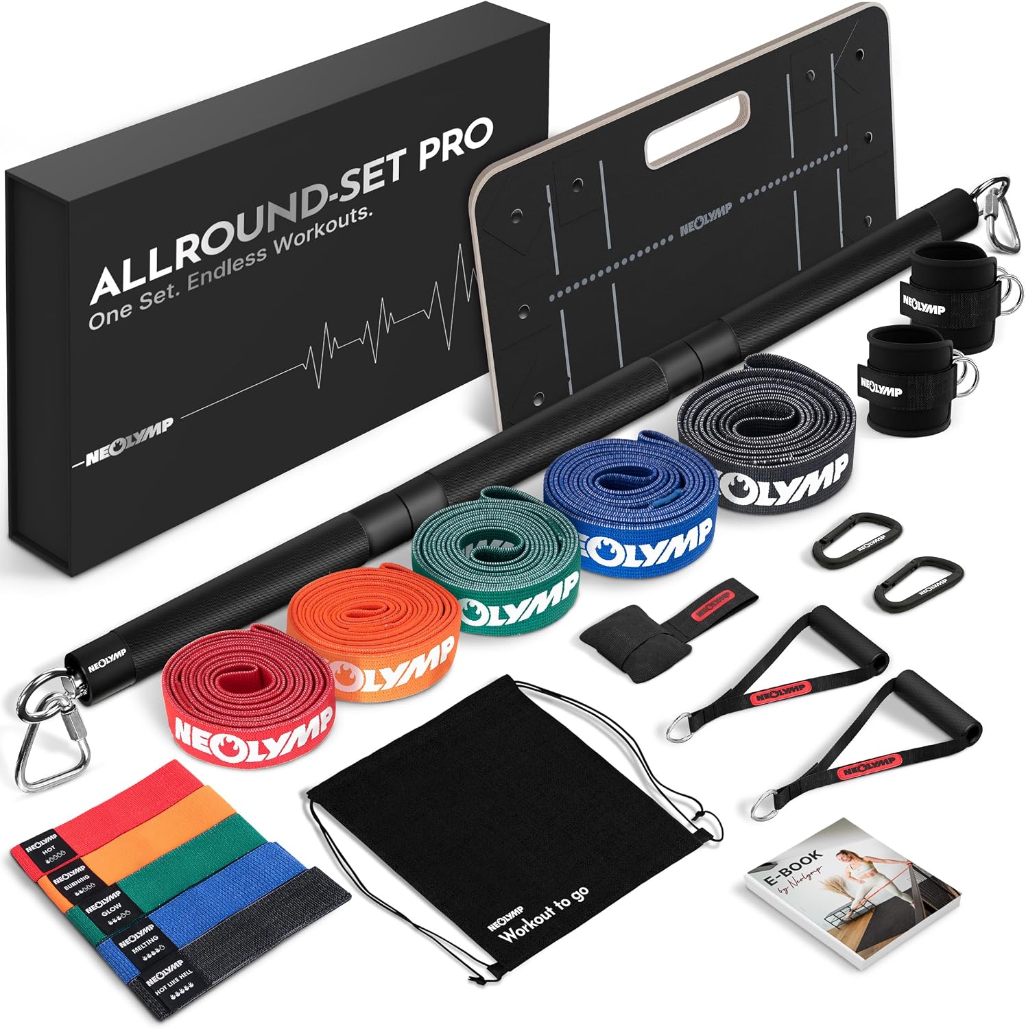 Lange Stoff Fitnessbänder Set 5 Widerstandsstufen Allroundset Ultra mit Türanker Fußschlaufen Griffen Stange