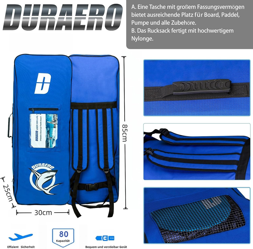 Aufblasbares SUP Board Set mit Kajak Sitz 330x76x15 cm bis 150 kg Tragkraft mit Doppel-Paddel 3 Finnen und Zubehör