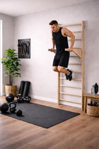 Sprossenwand mit Klimmzugstange 230 cm Holz Kletterleiter Wandmontage mit Gym Ringen und Dip Barren Multifunktionales Fitnessgerät