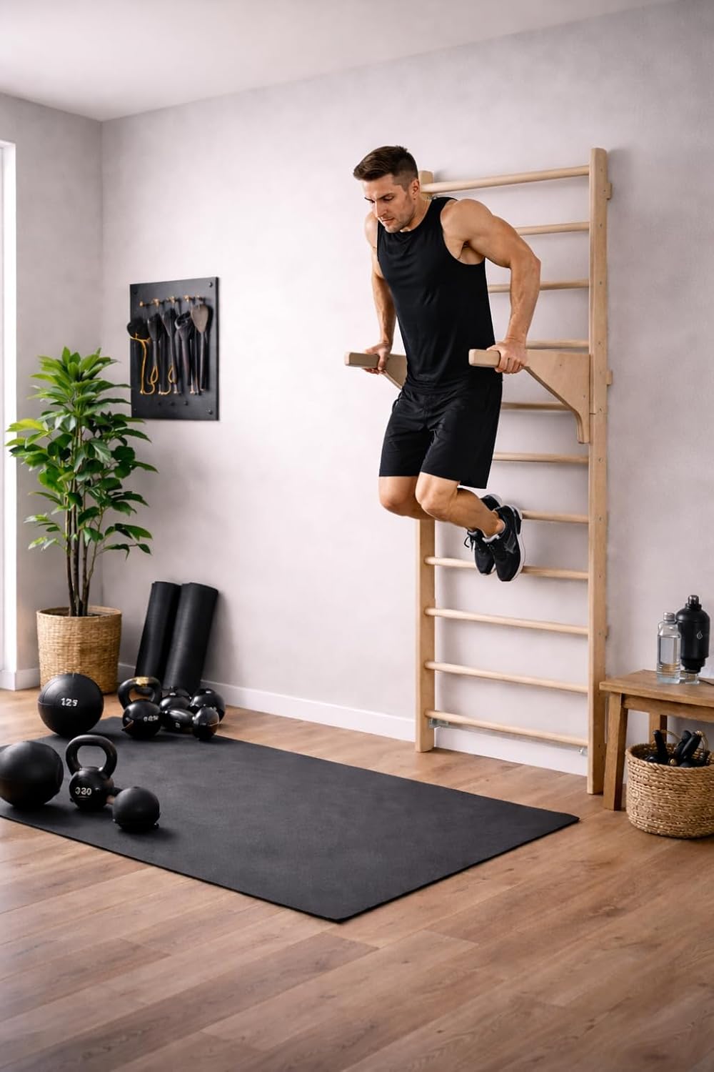 Sprossenwand mit Klimmzugstange 230 cm Holz Kletterleiter Wandmontage mit Gym Ringen und Dip Barren Multifunktionales Fitnessgerät