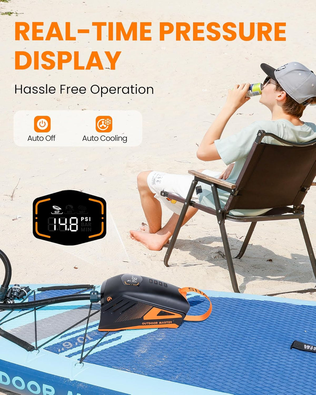 Elektrische SUP Pumpe Shark 3 Akku Luftpumpe 20 PSI 74Wh mit Auto-Off Funktion 8 Düsen Luftschlauch für SUP Boards
