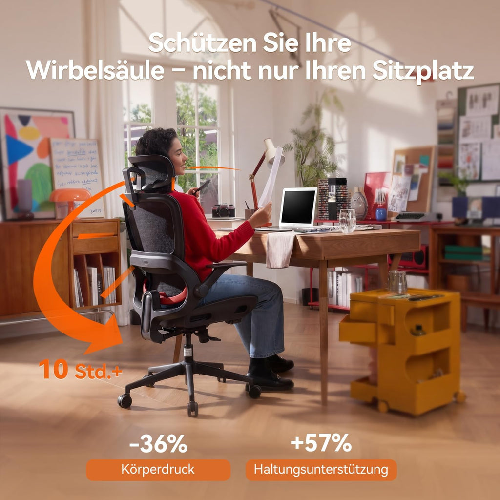 Ergonomischer Bürostuhl mit verstellbarer Lordosenstütze und Kopfstütze B100 Lite 90–135° Neigung Mesh Drehstuhl 72x70x112 cm