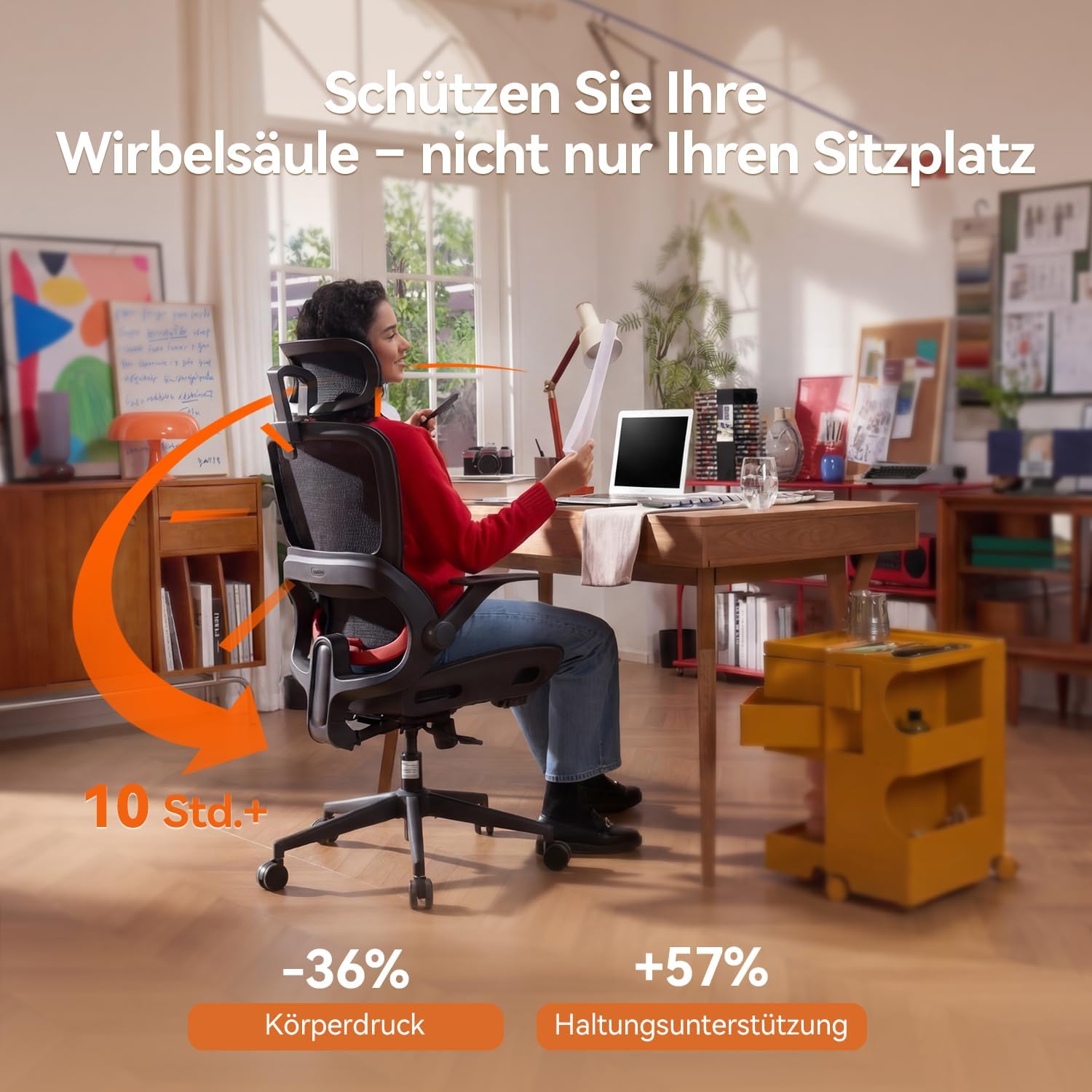 Ergonomischer Bürostuhl mit verstellbarer Lordosenstütze und Kopfstütze B100 Lite 90–135° Neigung Mesh Drehstuhl 72x70x112 cm