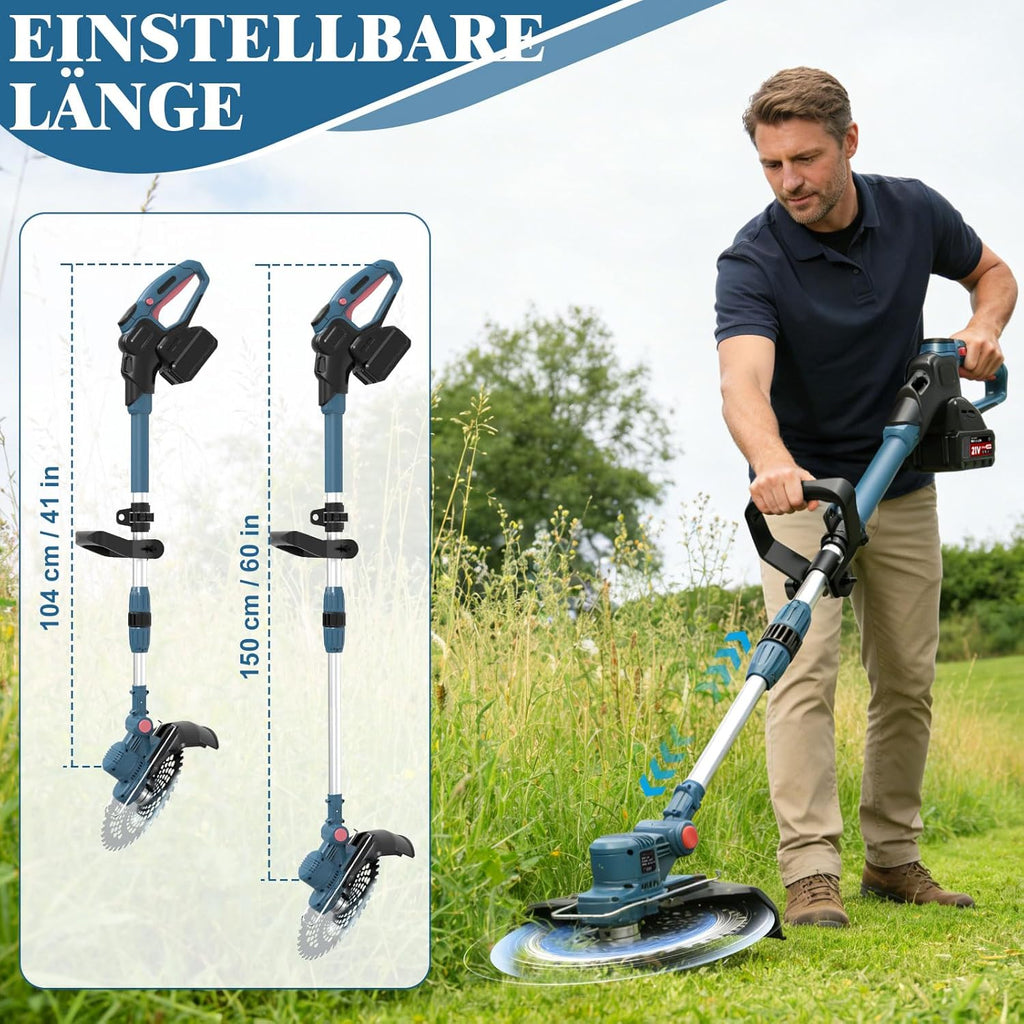 Akku Rasentrimmer HY-13 21V mit bürstenlosem Motor 23 cm Schnittbreite 5 Schneidaufsätze 2 x 4,0Ah Akku Unkrautbürste
