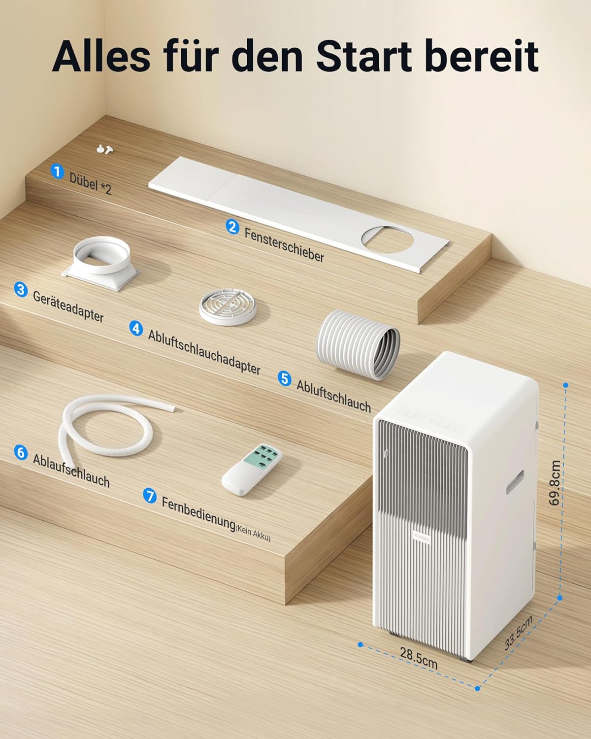 Mobile Klimaanlage A027C-09C 9000 BTU mit Abluftschlauch 3-in-1 Klimagerät für Räume bis 33 m² 24H Timer Fernbedienung R-290