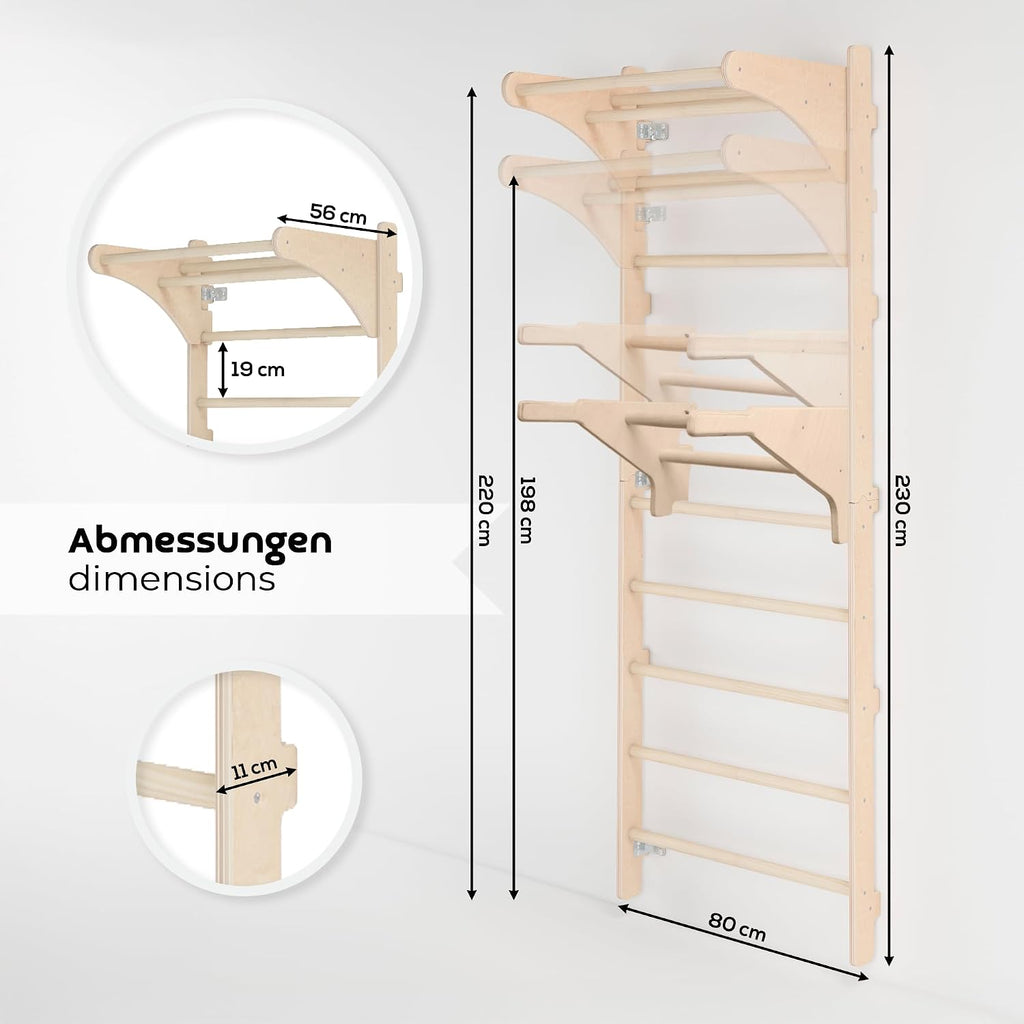Sprossenwand mit Klimmzugstange 230 cm Holz Kletterleiter Wandmontage mit Gym Ringen und Dip Barren Multifunktionales Fitnessgerät