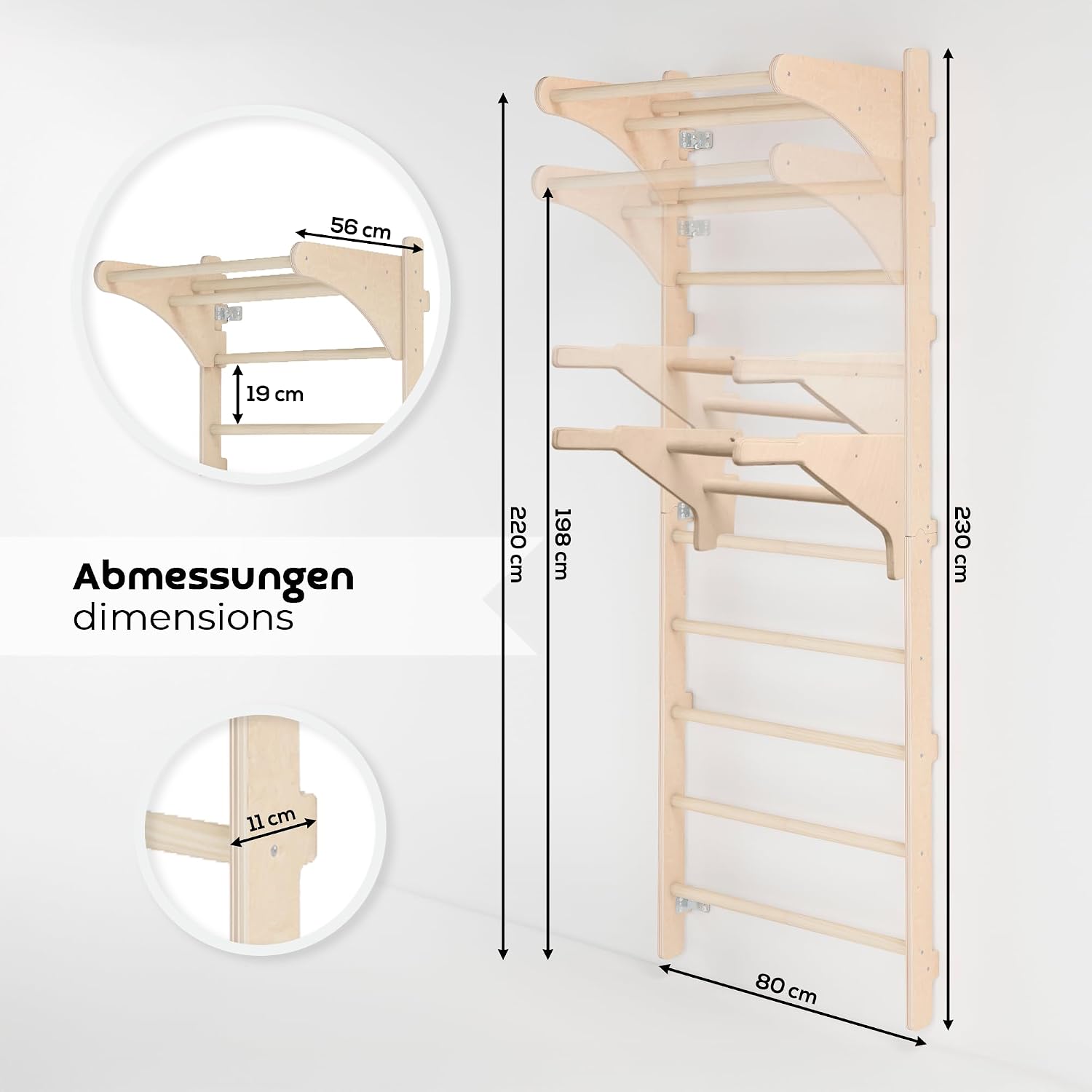 Sprossenwand mit Klimmzugstange 230 cm Holz Kletterleiter Wandmontage mit Gym Ringen und Dip Barren Multifunktionales Fitnessgerät