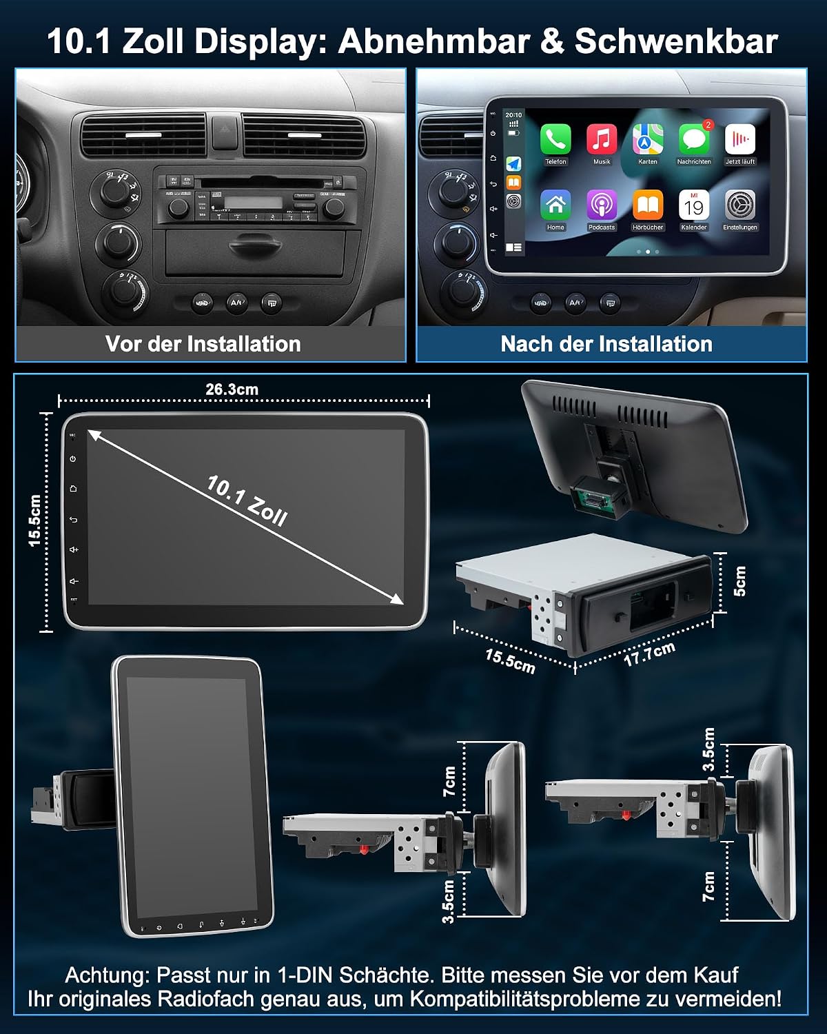 Single DIN Autoradio mit Touchscreen 10.1 Zoll Android 14 2GB 64GB Bluetooth CarPlay Android Auto Navigation Rückfahrkamera