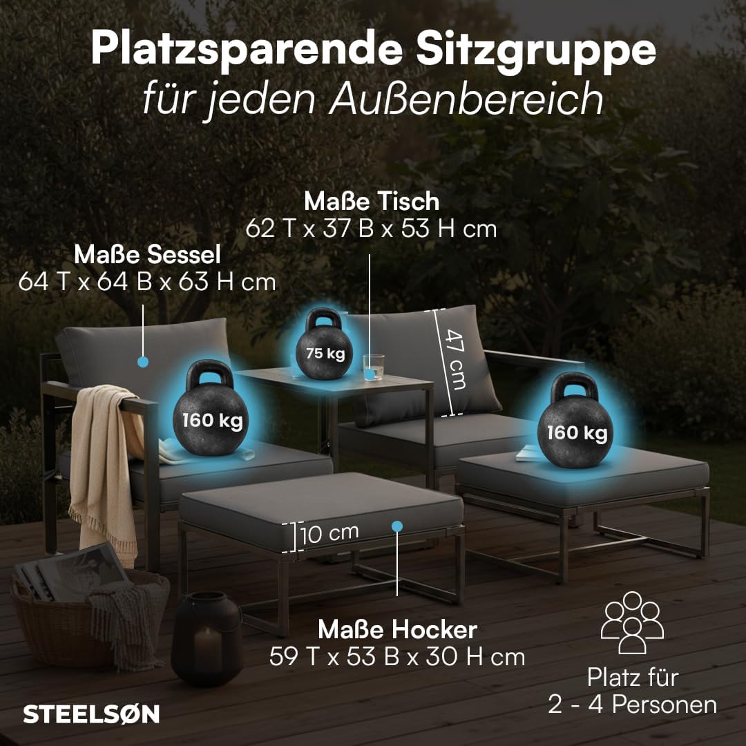 5-teiliges Gartenmöbel Set Asteri Sitzgruppe für 2-4 Personen 2 Sessel 2 Hocker 1 Tisch Metallgestell wetterfest mit Sitzpolstern