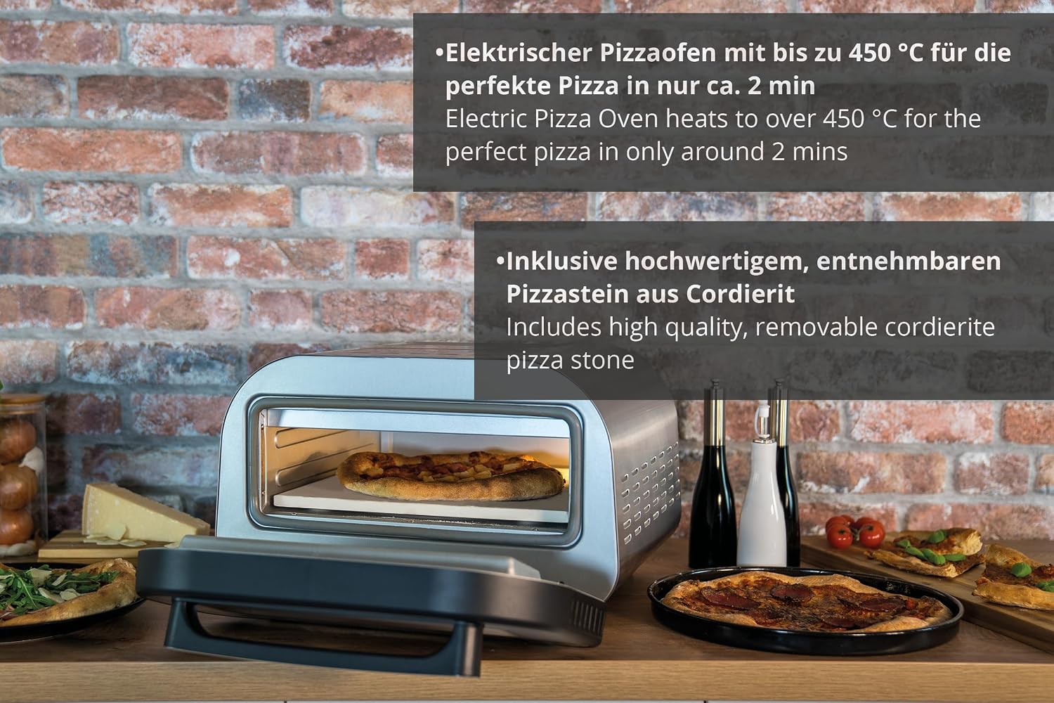 Elektrischer Pizzaofen LUIGI 68816 Edelstahl 450°C Pizzastein 1700W 9,7L kompakter Ofen für schnelle Pizza Backzeit