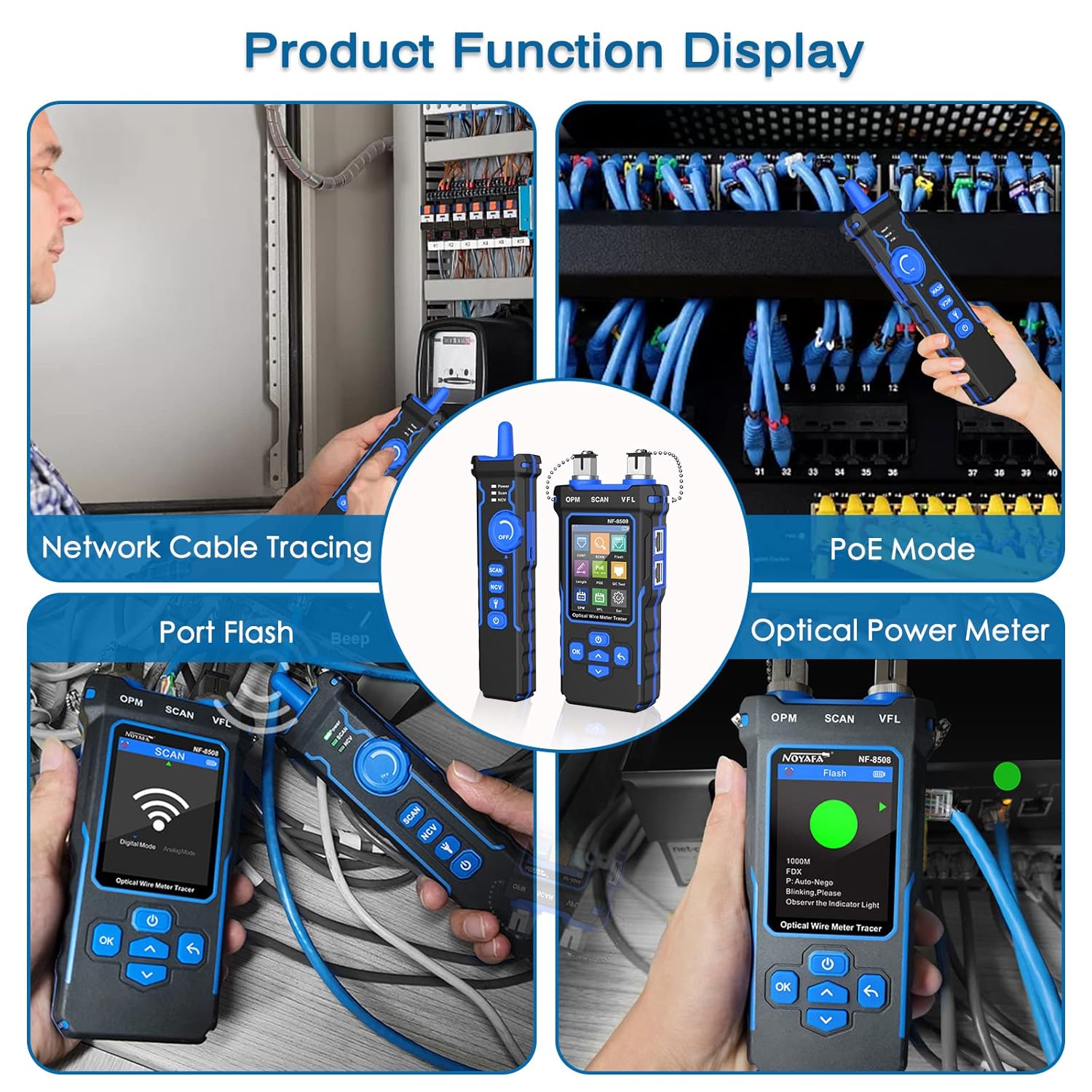 Netzwerkkabeltester NF-8508 mit RJ45 RJ11 PoE Test Optischem Leistungsmesser VFL Funktion CAT5 CAT6 Kabelprüfung