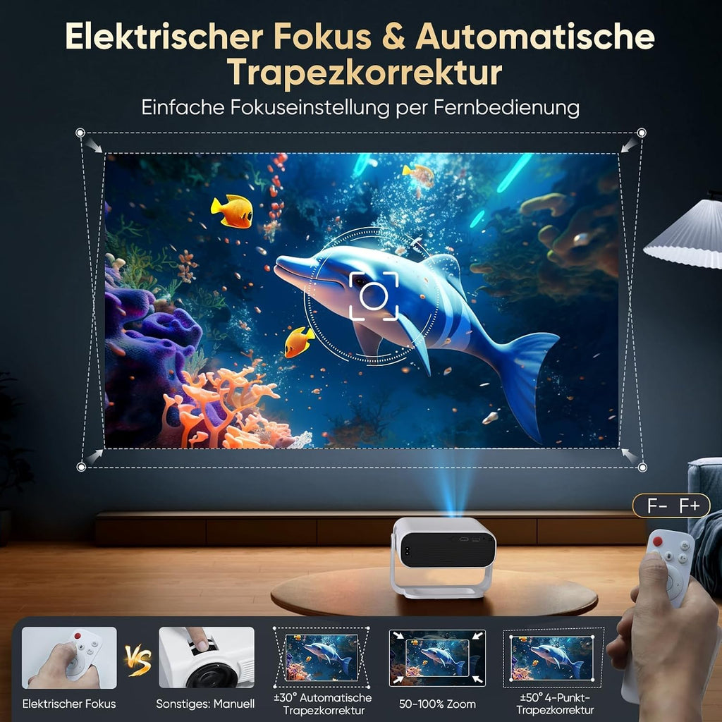 Mini Beamer Android 14 Heimkino Projektor 1080P 4K Dekodierung WiFi6 BT5.2 Automatische Trapezkorrektur für Smartphone HDMI PC