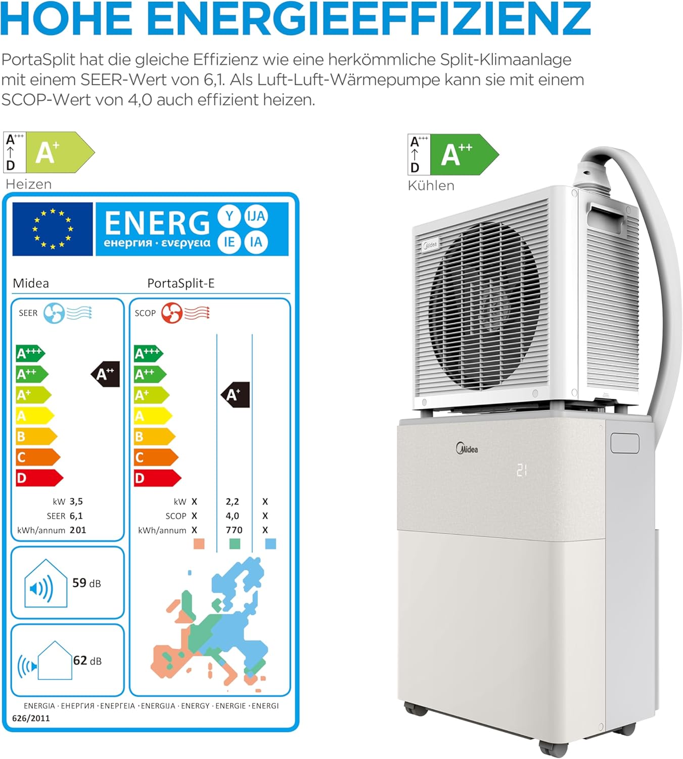 Mobile Split Klimaanlage PortaSplit-E 12000 BTU 3,5 kW Kühlen Heizen A++ für Räume bis 42 m² App Steuerung