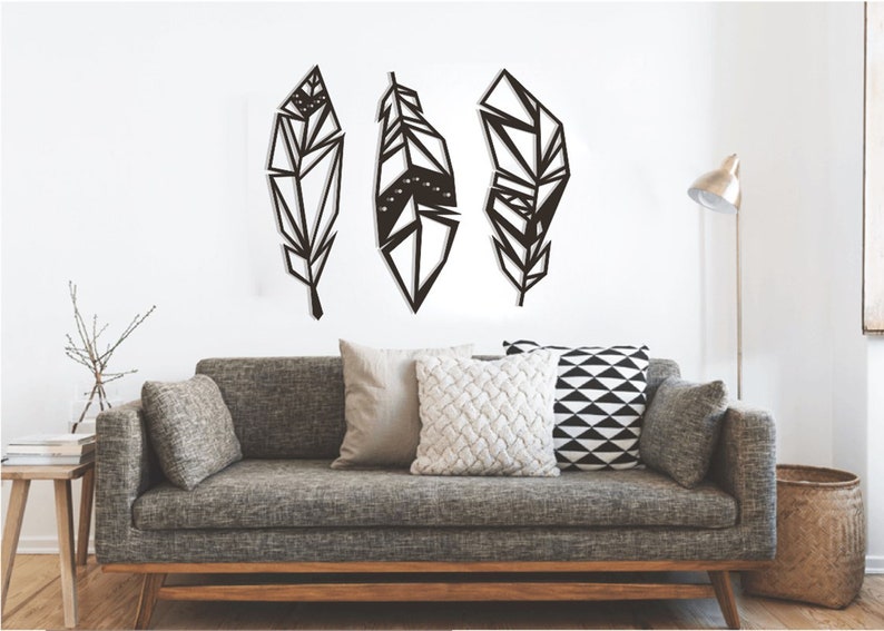 Geometrische Feder Wandkunst aus Holz, 6 mm Sperrholz, 50-90 cm breit, minimalistisches Wohndekor