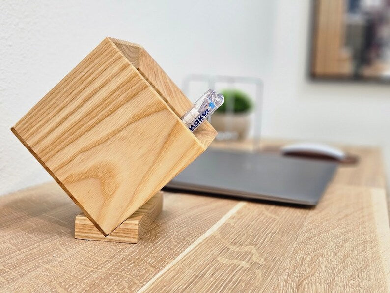 Holz-Stifthalter mit abnehmbarer Basis, XL, Weißeiche, 11x11,5x11,5 cm