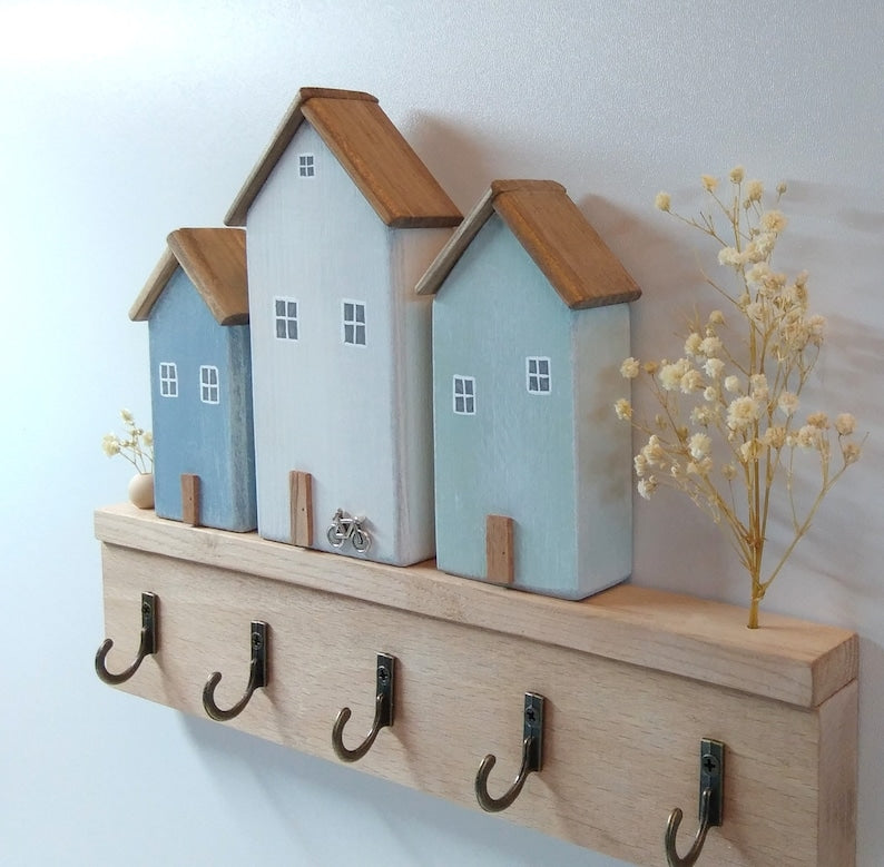 Schlüsselhalter Holzhäuschen Boho Wanddekoration Schlüsselhaken Holz Schlüsselbrett 25x18x2 cm