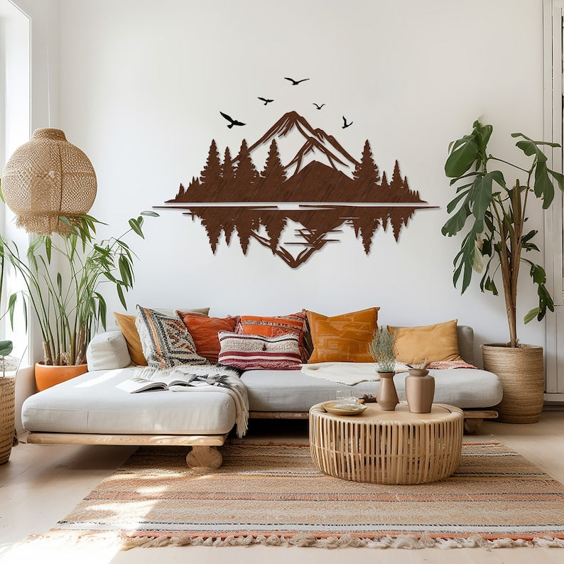 Bergwald Holzwandkunst Natur Silhouette Dekor 152x86 cm MDF