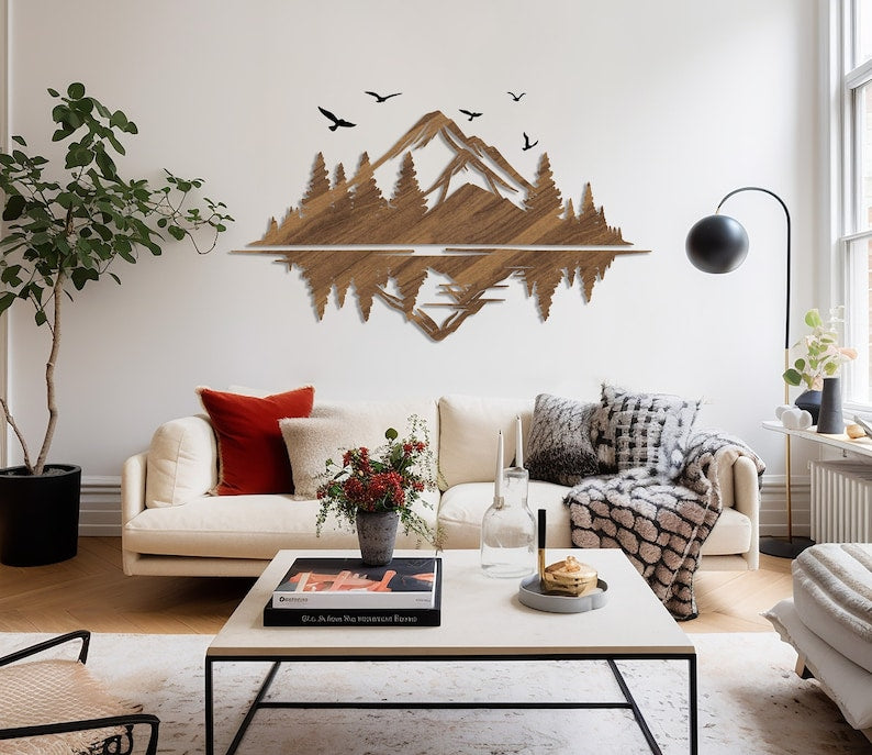 Bergwald Holzwandkunst Natur Silhouette Dekor 152x86 cm MDF